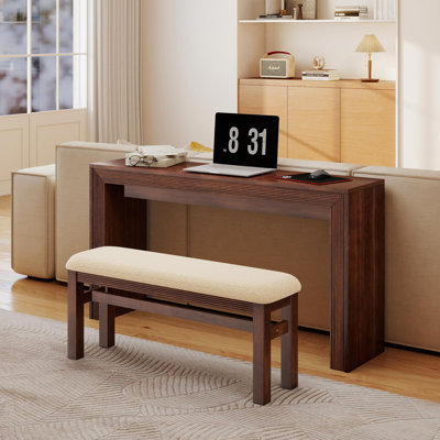 Ensemble de table de bar cannelée rétro avec tabouret de bar rembourré en tissu, table de salle à manger à hauteur de comptoir de 59 po derrière le canapé pour la cuisine ou le salon, cerisier