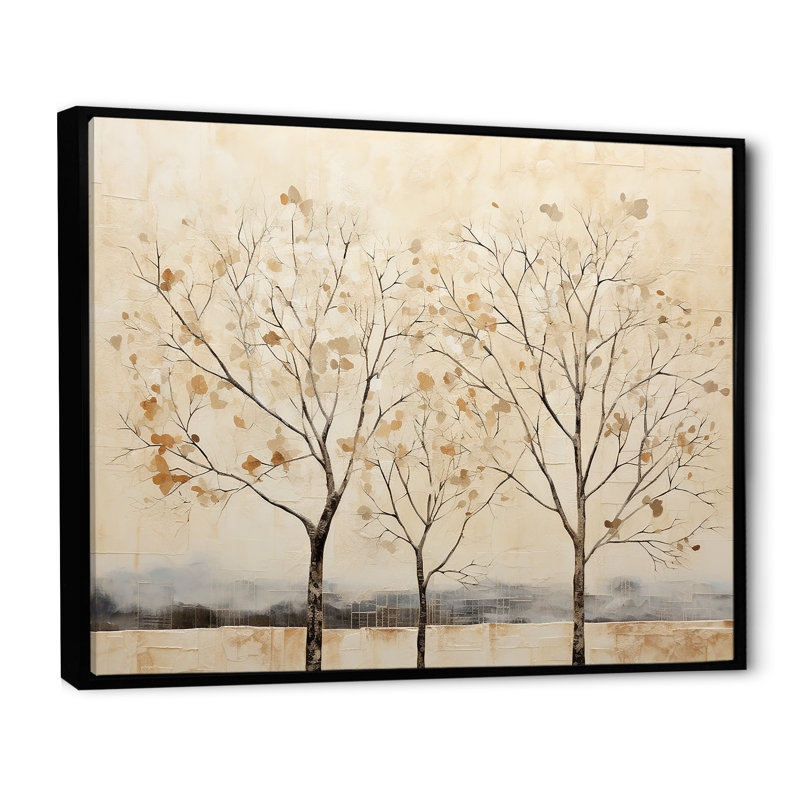Harmonisation d'arbres beige V sur toile, Cadre flottant noir, H 30 po x l 40 po x P 1,5 po
