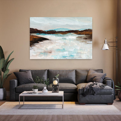 «Misty Mountain Waters», art mural abstrait paysage minimaliste moderne