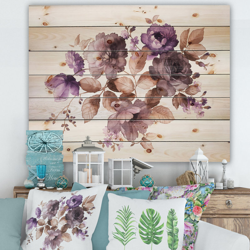 Fleurs mauves rétro avec feuilles brunes - impression traditionnelle sur bois de pin naturel, H 10 po x l 20 po x P 0,78 po