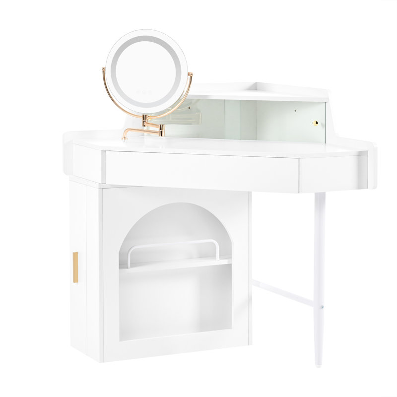 Corner Makeup Vanity Desk With Adjustable Folding Mirror, 3-color Led Lighting, Adequate Storage And Stool