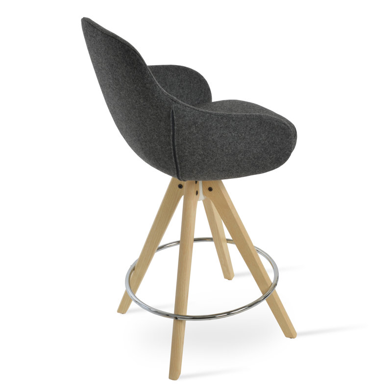 Tabouret de bar et de comptoir Gazel, Bois de frêne naturel, Cuirette gris pâle