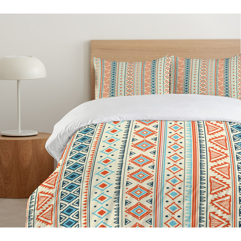 Aztec Pattern Blue Orange Ivory Queen Duvet Cover Set