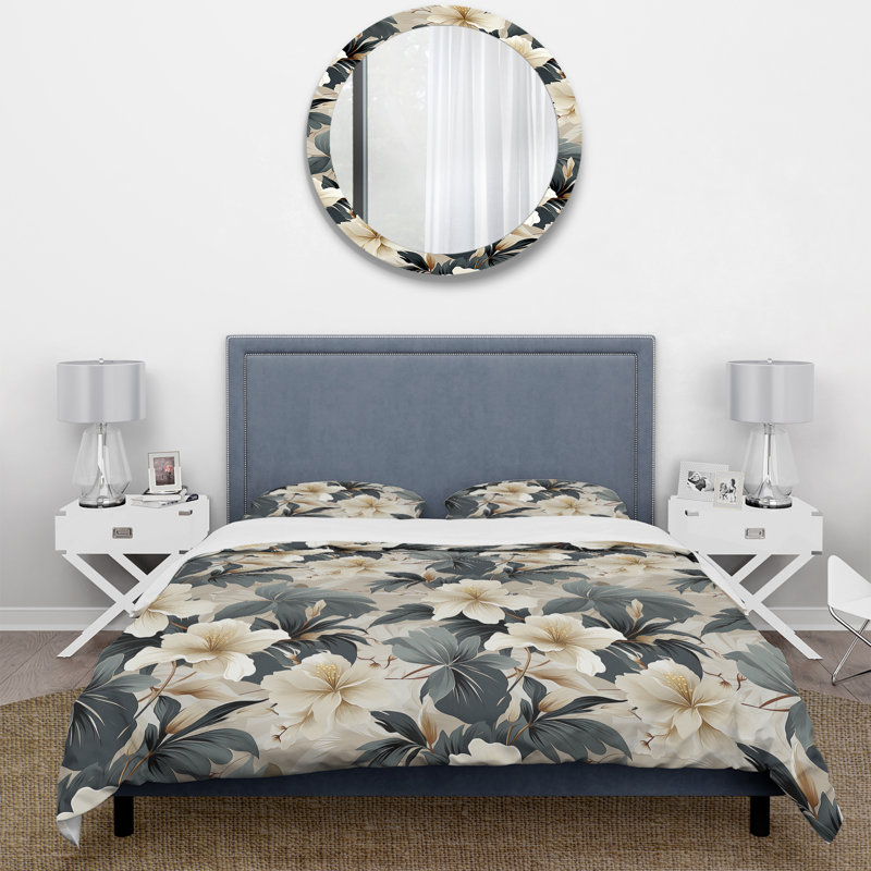 Literie monochrome à motif tropical Serenity II, Housse de couette simple + 1 taie décorative stan