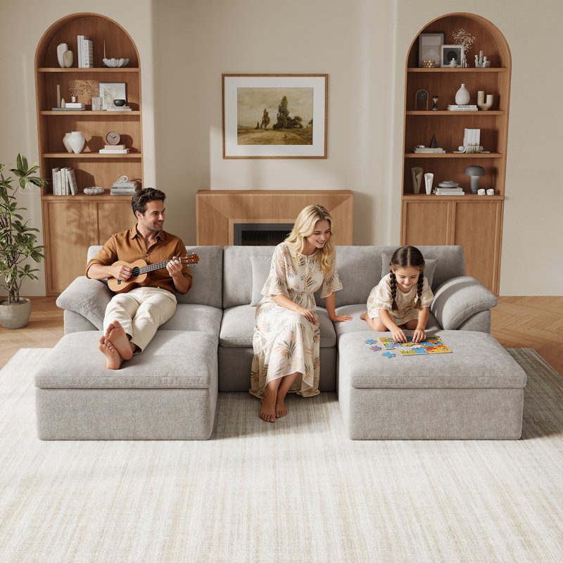 110.2" Modular Cloud Couch with Ottoman, U-Shaped Deep Seat Sofa for Living Room, No Assembly Required, Light Gray