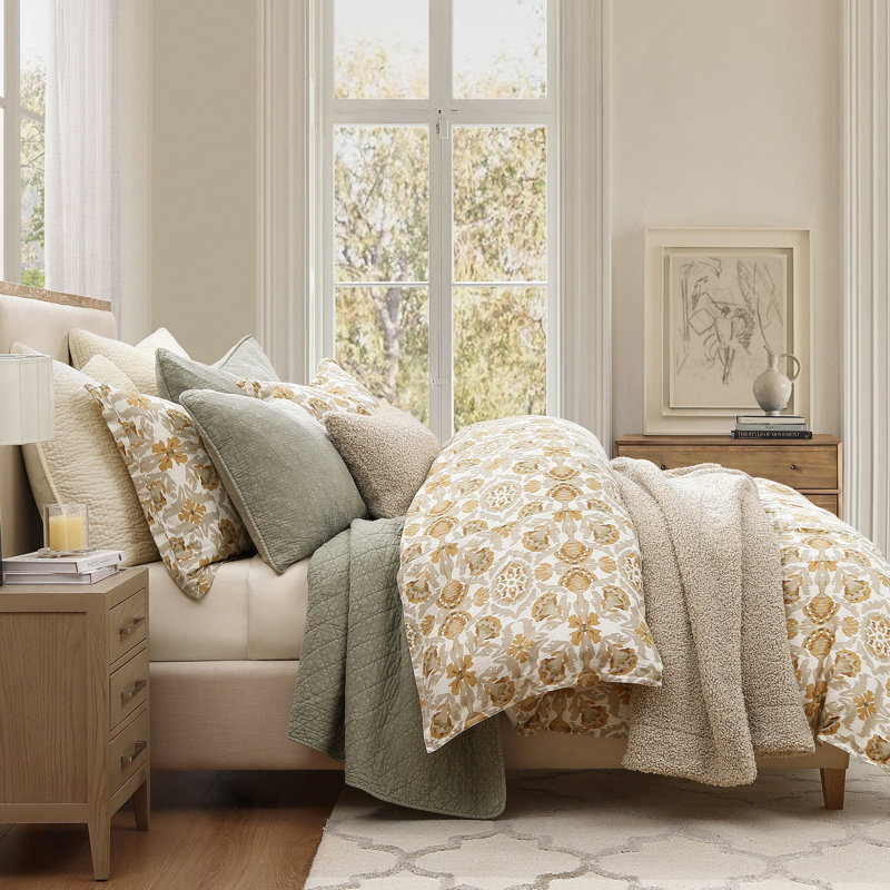 Queen Cream and Sage Cotton Floral Bedding Set