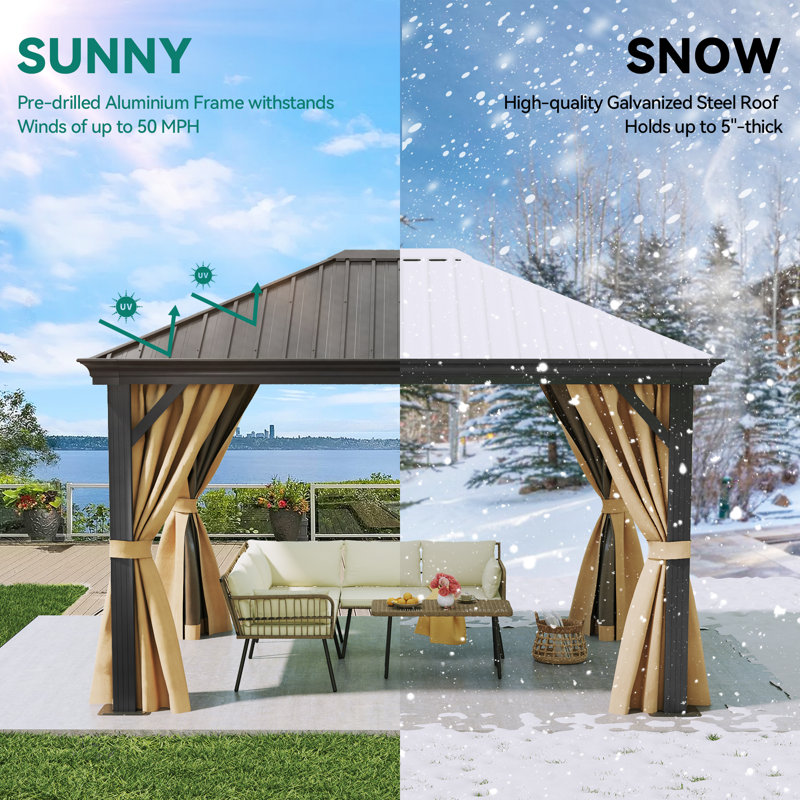 12 Ft. W x 10 Ft. D Aluminum Patio Gazebo with Brown Curtains, 12 Ft. W x 10 Ft. D