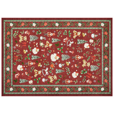 Tapis de Noël lavable 2,74 m x 3,66 m, envers antidérapant en TPR, motif vintage, pliable et résistant à la décoloration, en polyester, rouge, pour salon