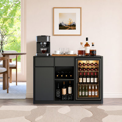 51" Fluted Bar Cabinet with Fridge Space, Charging Hub & Wine Glass Rack
