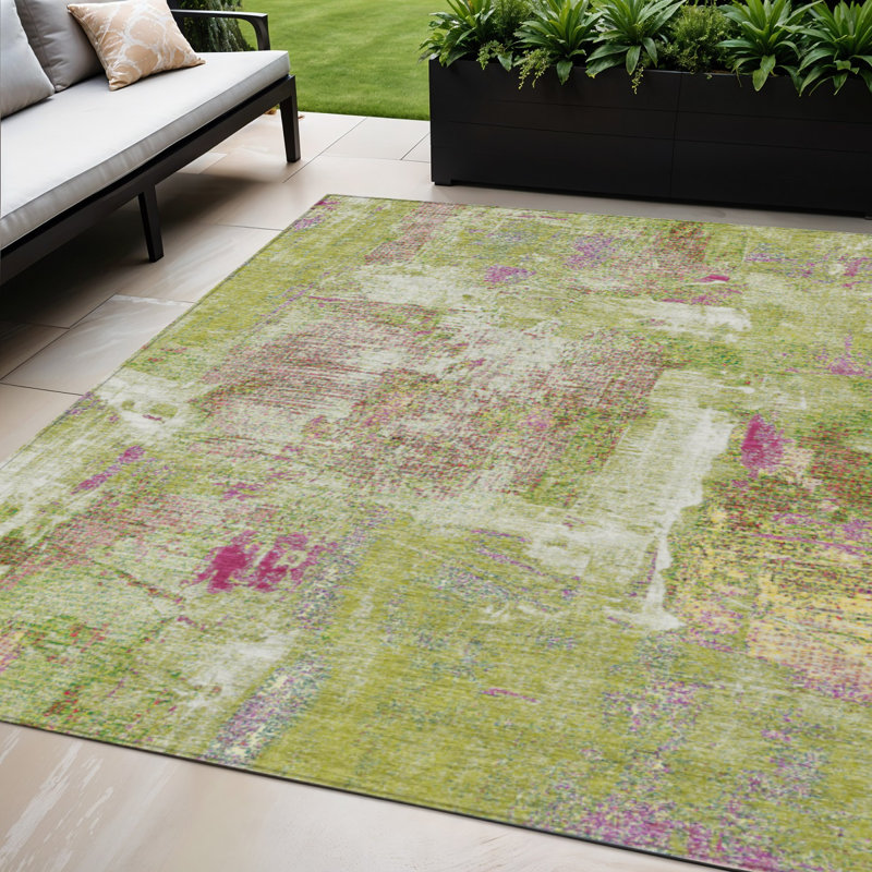 Tapis intérieur lavable abstrait vert lime ivoire et rose 5 pi x 8 pi