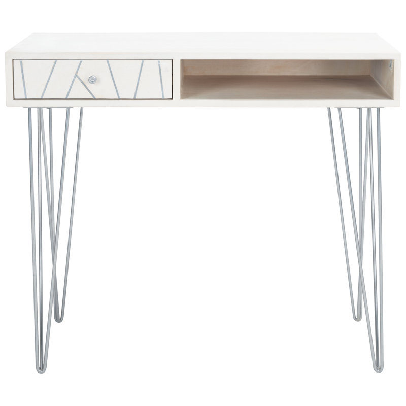Resch Solid Wood Iron Writing Desk, White Wash/Silver