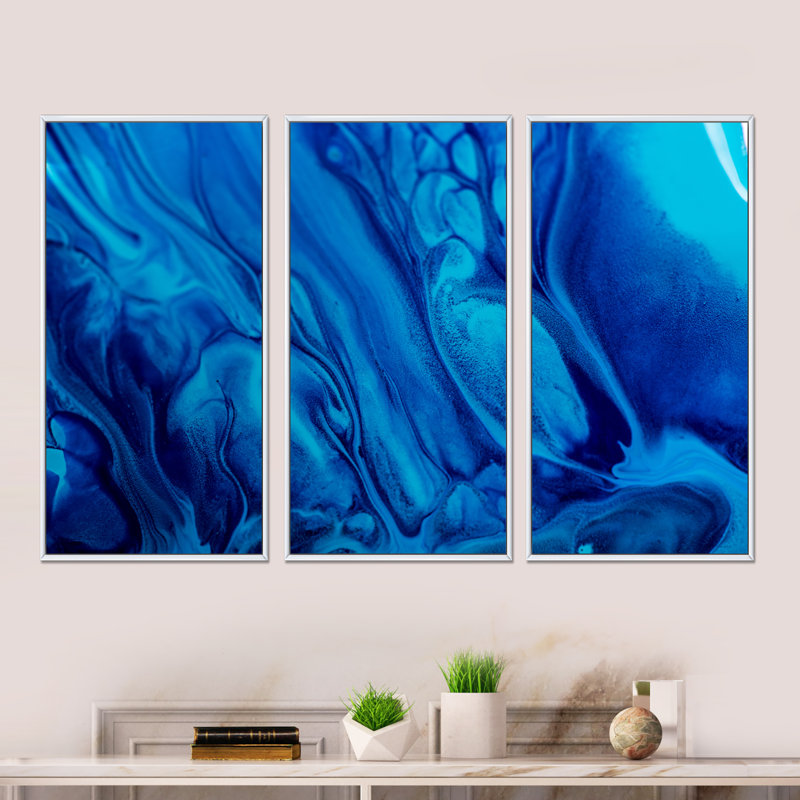Mélange de peinture acrylique abstraite bleu foncé - ensemble d'art mural encadré abstrait sur toile de 3, H 32 po x l 48 po