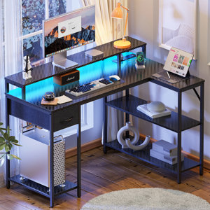 Coolbrook Gaming Desk with LED Lights, L-Shaped  Desk with Power Outlets, Computer Desk with Drawers, Writing desk with Storage, Home Office desk with Monitor Stand, L Desk with Shelves