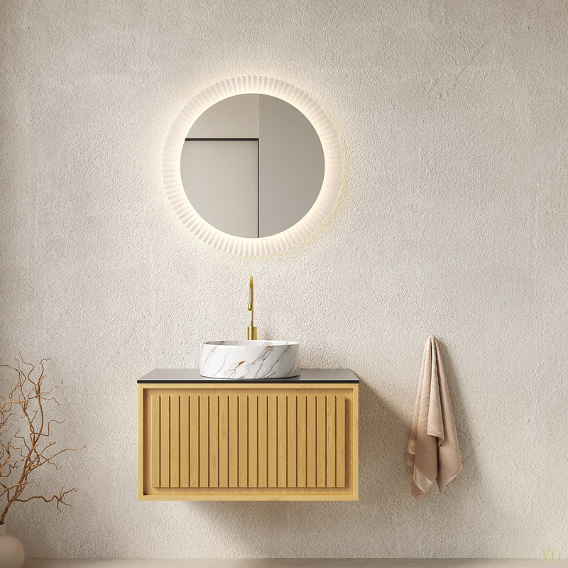 Meuble-lavabo de salle de bain 30 po avec lavabo, armoire de rangement murale en contreplaqué avec comptoir en pierre frittée à tiroir et lavabo rond en céramique, pré-assemblé