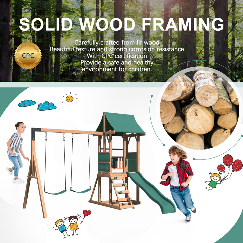 Swing Sets For Backyard, 4-in-1 Outdoor Swing Set With Slide, Climbing Rock Wall, And Soft Cushion Swings For Backyard Playground
