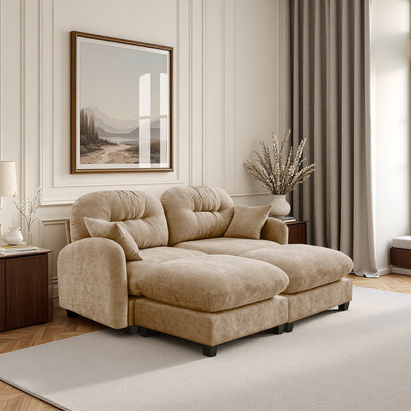 Sofa, Cloud Couch, With 2 Ottoman, Camel