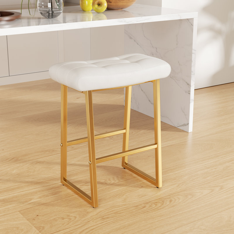 Upholstered Counter Stool with Metal Frame, Gold, White, 2