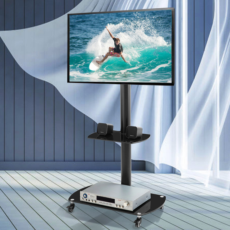 Bureau de télévision à hauteur ajustable avec tablettes en verre trempé, compatible avec les téléviseurs de 32 à 65 pouces, structure en métal, roues verrouillables, panneaux et base de support pratiques, s'adapte aux téléviseurs, aux angles, au design attrayant