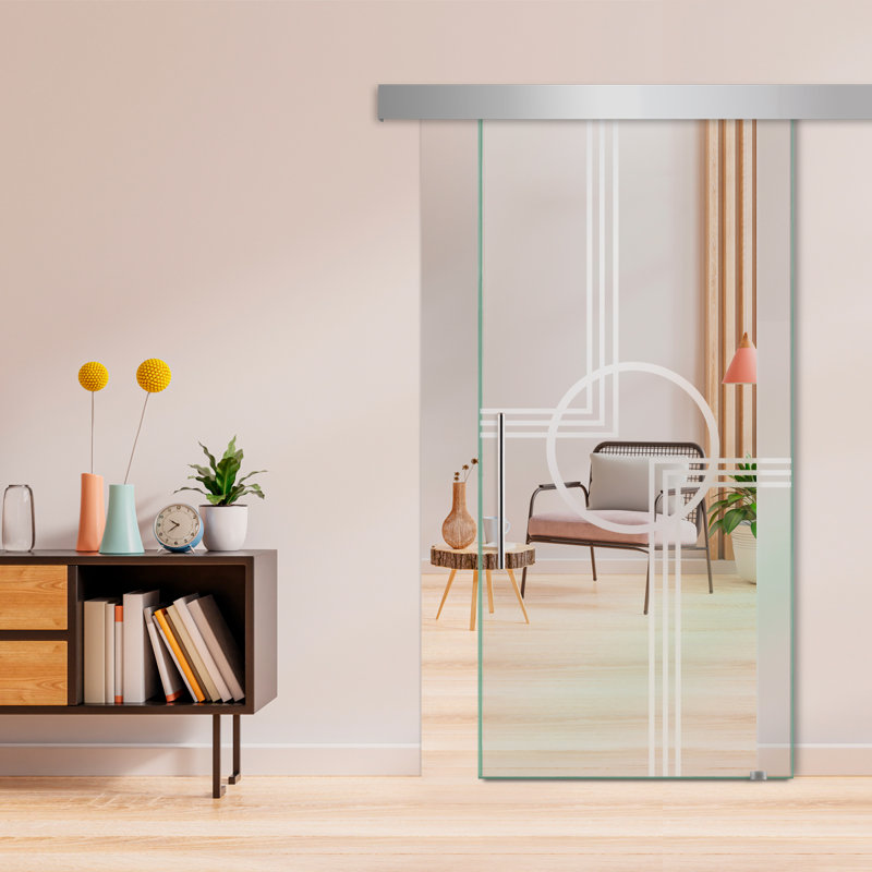 Porte de grange coulissante en verre sans cadre avec design moderne givré + ensemble de quincaillerie (non privé)