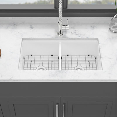 32" Undermount Ceramic Double Bowl Sink - White Basin For Sleek Kitchen Design Rectangular Practical Organization
