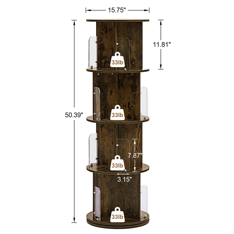Jadeyn Rotating Bookshelf 4 Tier 360° Revolving Floor Standing Bookcase Corner Organizer Display, Brown