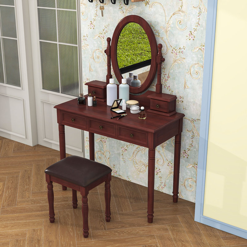 Meuble-lavabo 5 tiroirs avec miroir et tabouret rembourré, Noyer