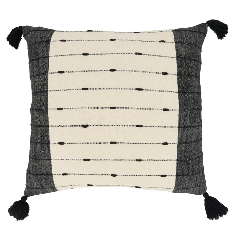 20" Black and White Striped Cotton Throw Pillow with Tassels