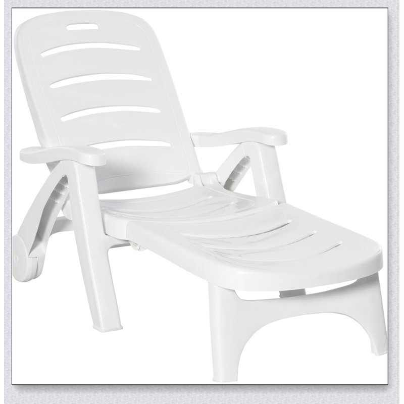White Plastic Folding Outdoor Chaise Lounge with Adjustable Backrest and Wheels