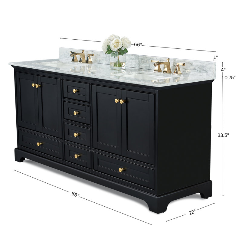 Audrey 66'' W Double Vanity, Carrara White, Black Onyx | Brushed Gold