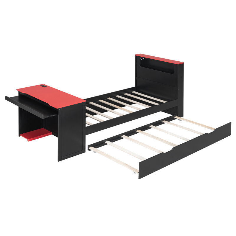 Twin Size Wood Platform Daybed with Pull-Out Trundle, Desk, USB Port & RGB LED Smart Headboard for Gaming/Study,Black+Red