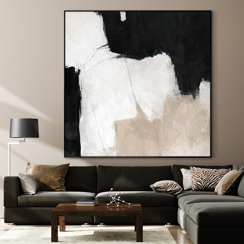 Très grand art mural imprimé sur tissu - Composition abstraite noire et beige de style moderne - "Assemblage requis (cadre non fini)"