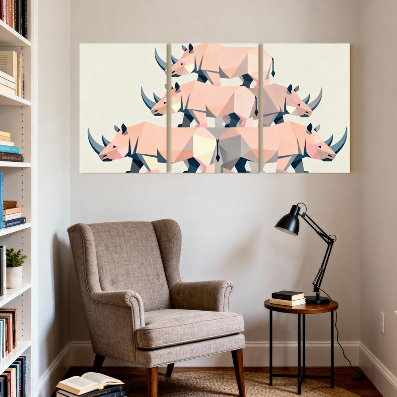 Ensemble de 3 tableaux muraux géométriques en poly-art représentant des rhinocéros, H 24 po x l 48 po