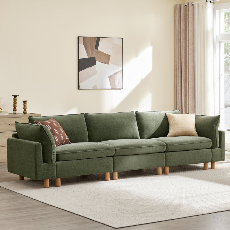 Solena 126.8" W 3-Piece Upholstered Modular Sofa With Solid Wood Base, Green
