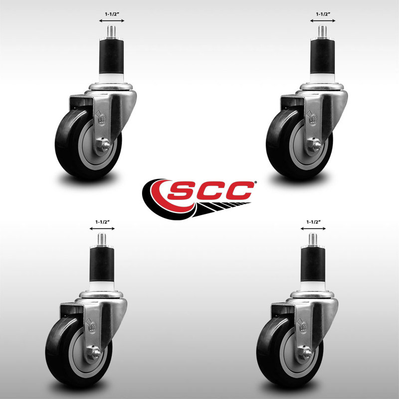 3.5 Inch SS Black Poly Wheel Swivel 1-1/2 Inch Expanding Stem Caster Set SCC, Black