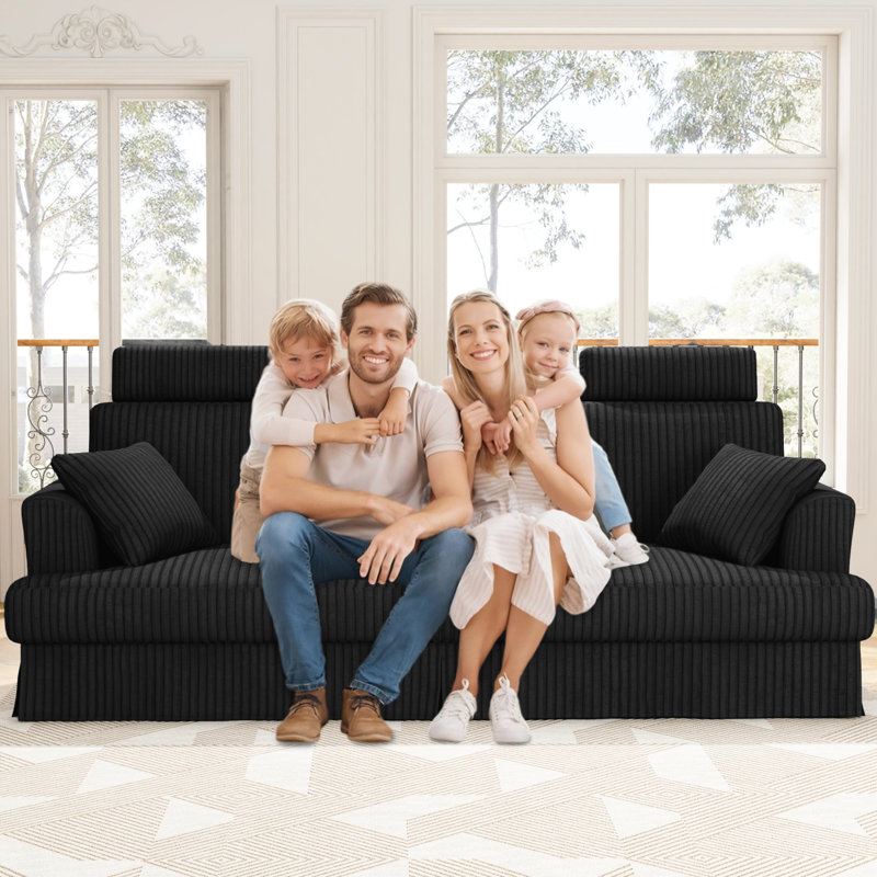  87-inch corduroy 3-seater sofa features a skirt design and two seats with headrests-Black, Black