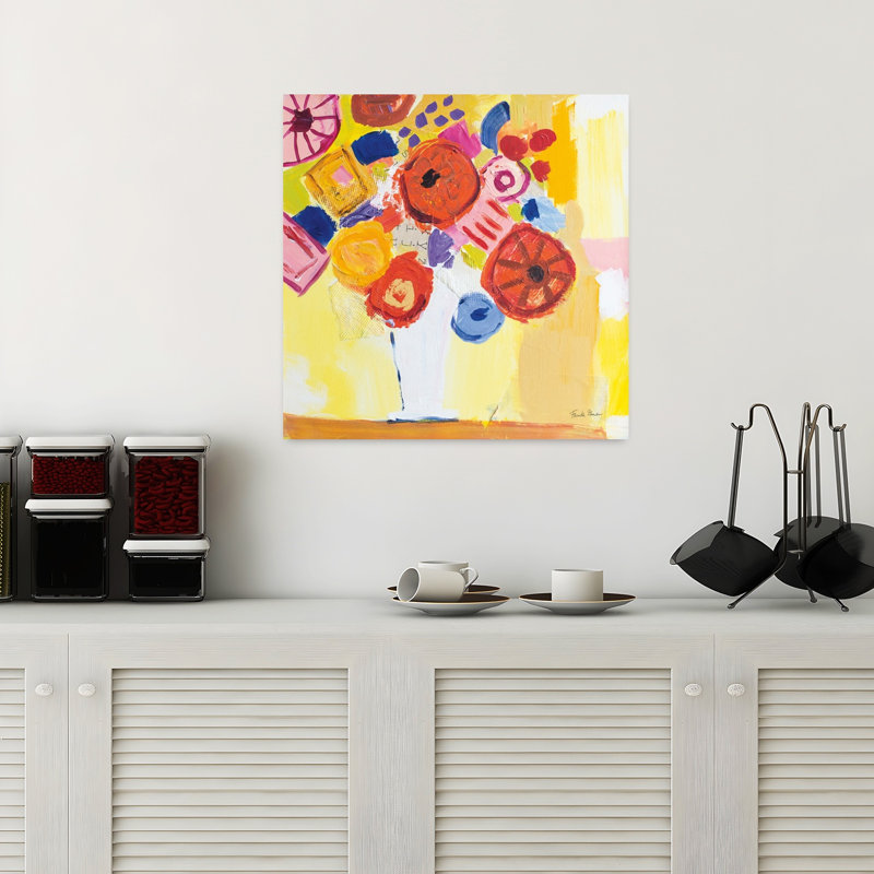 Contemporary Floral Collage With Abstract Blue Art, 18" H x 18" W