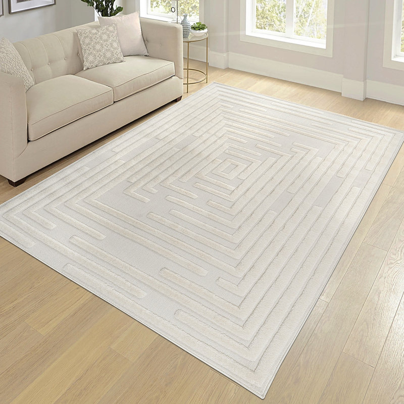 Step Collection High-Low Striped Cream Indoor Area Rug, 9'X12', Modern, Contemporary, Geometric, Bohemian, Bedroom, Kitchen, Living Room, Non Shedding Carpet