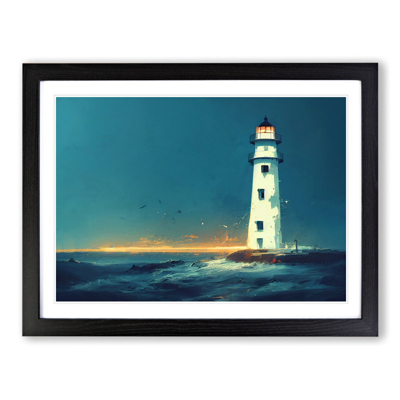 Thrilling Lighthouse Sunrise - Single Picture Frame Painting, Black Framed, 46cm H x 64cm W x 2cm D