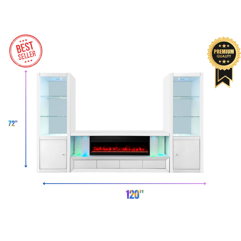 High-Gloss Entertainment Center/Electric Fireplace With Drawers, Rgb Led Lights, Bluetooth Speaker, Remote-No Assembly Needed