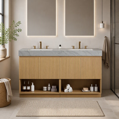 Meuble-lavabo double autoportant de 60 pouces avec lavabo, armoire en chêne Corolla, comptoir en pierre frittée veinée gris Carrara et deux lavabos en céramique, 3 trous prépercés pour robinetterie