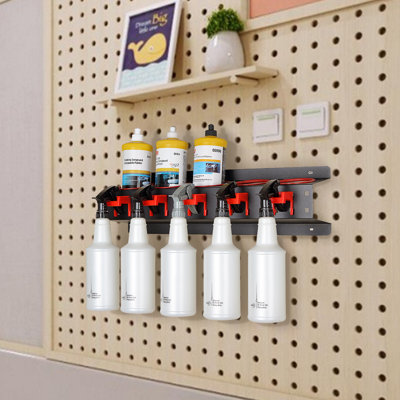 Porte-vaporisateur mural - Support en acier robuste avec 5 trous et 9 crochets (5 rouges + 4 blancs) pour l'organisation d'outils de garage, d'atelier et de jardin