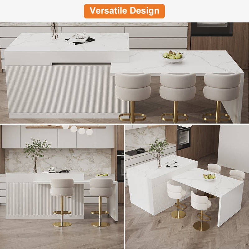81''-112" Modern Extendable Sintered Stone Kitchen Lsland Withe With Doors And Drawers