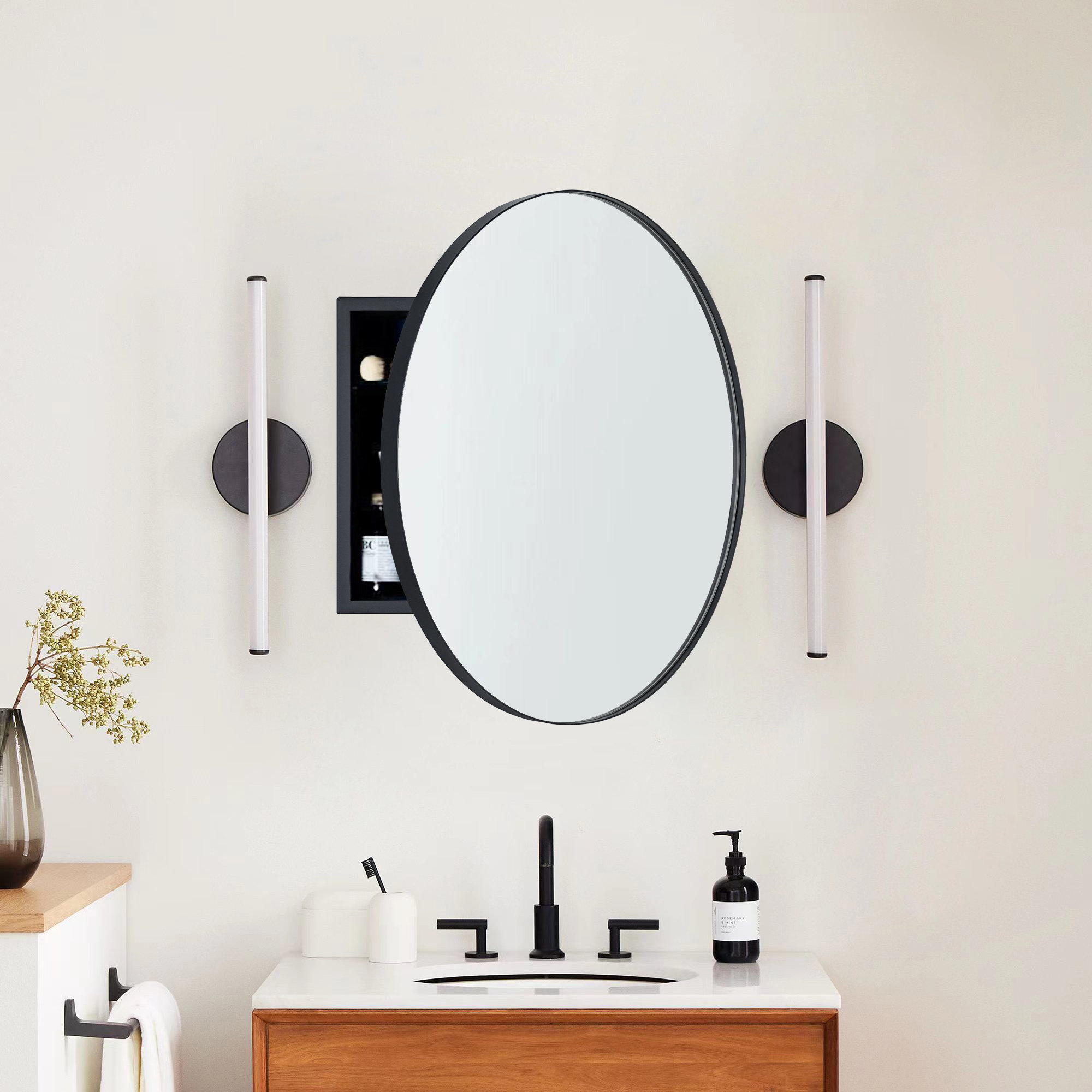 Seenaa Surface Mount Framed Medicine Cabinet with Mirror and 2 Adjustable Shelves, Black, 24" x 24"