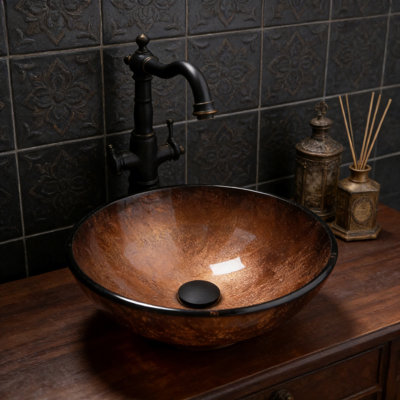16'' Round Artistic Tempered Glass Vessel Bathroom Sink with Pop-up Drain