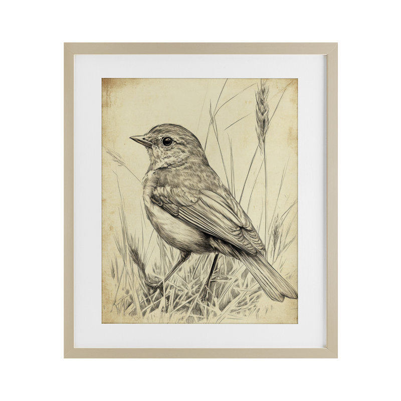 Petit oiseau rétro, reproduction sous verre encadrée, design par Petal Prints Design, H 16 po x l 13 po