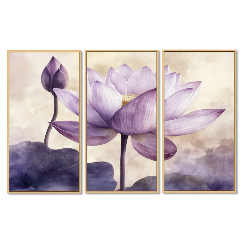 Lavande lotus léger I - ensemble de 3 toiles encadrées florales, H 32 po x l 48 po, Cadre naturel flottant