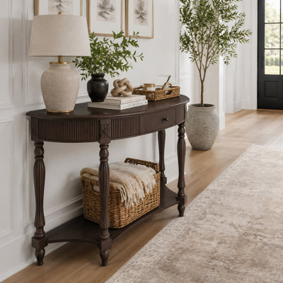 Console en bois massif rétro Vintage avec tiroir et tablette inférieure, table d'appoint pour le vestibule avec tiroir cannelé et pieds en colonne romains sculptés pour le couloir, le salon, le vestibule, le salon et la chambre à coucher