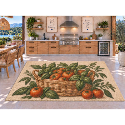 Tapis d'extérieur 5' x 7' à motif panier de tomates, épais, solide, imperméable, en PVC bouclé, tapis de patio résistant, tapis intérieur/extérieur à séchage rapide pour porche, terrasse, balcon, entrée, camping-car.
