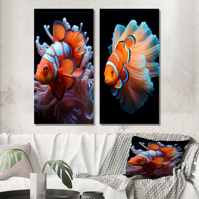 Portrait de poisson clown orange - ensemble de 2 décorations murales en métal corail sous l'eau