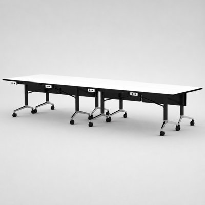 8 Person Fold-up Training Tables, Extra Long for Seminars and Conferences with White color Thick Tops, Fold-Up Legs & Integrated Power Boxes.